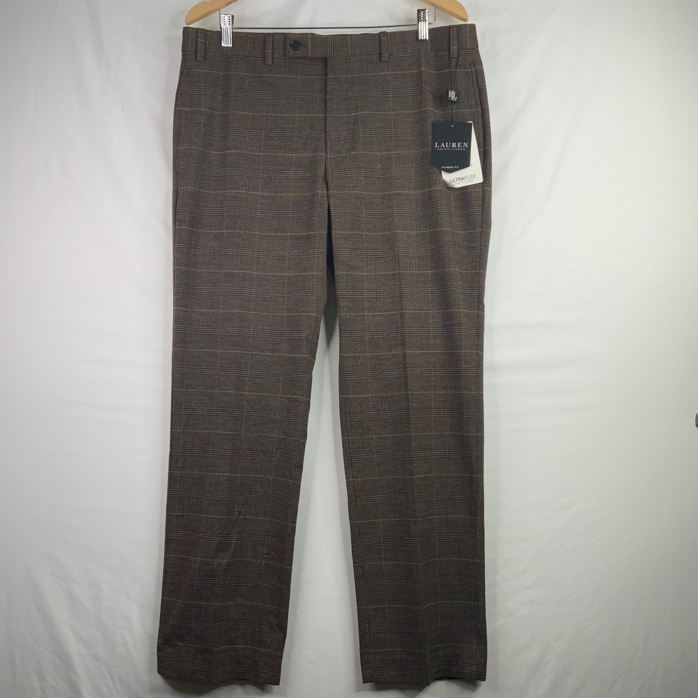 Lauren Ralph Lauren Mens 36x30 Brown Plaid Ultraflex Classic Fit Dress Pants NEW